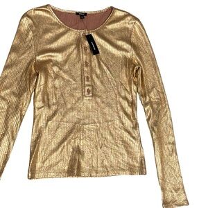 Express Gold Metallic Ribbed Long Sleeve Henley Top NWT Women’s Small
